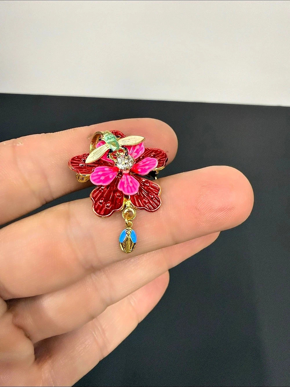 Religious Holy Spirit Hummingbird & Flower Enamel Rhinestone Brooch Pin